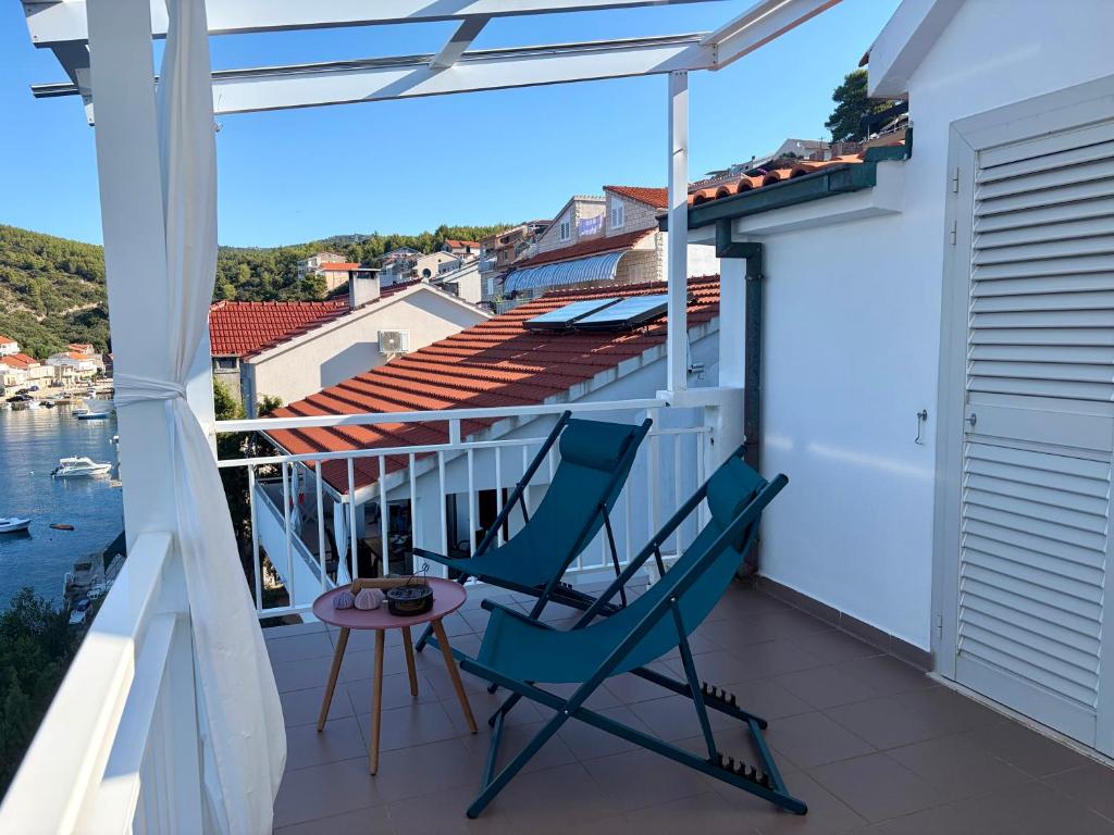 a balcony with two chairs and a table at SEAWAY in Zavalatica