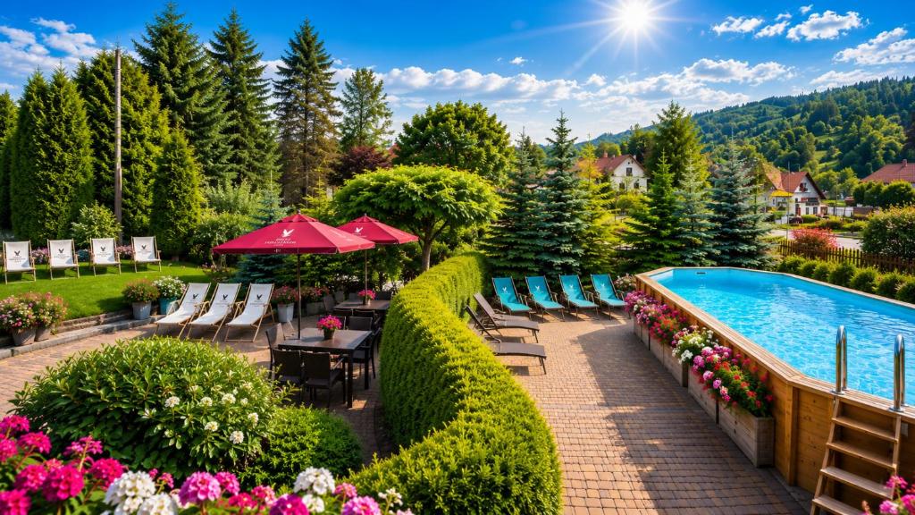 a swimming pool with chairs and a table and flowers at Hotel Pod Gołębiem in Wisła