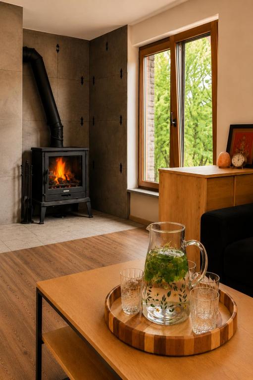a living room with a coffee table with a fireplace at Agroturystyka Monte Luna - domki in Czarnów