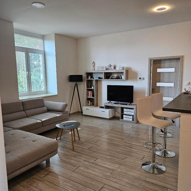 a living room with a couch and a tv at Iglovia apartman in Spišská Nová Ves