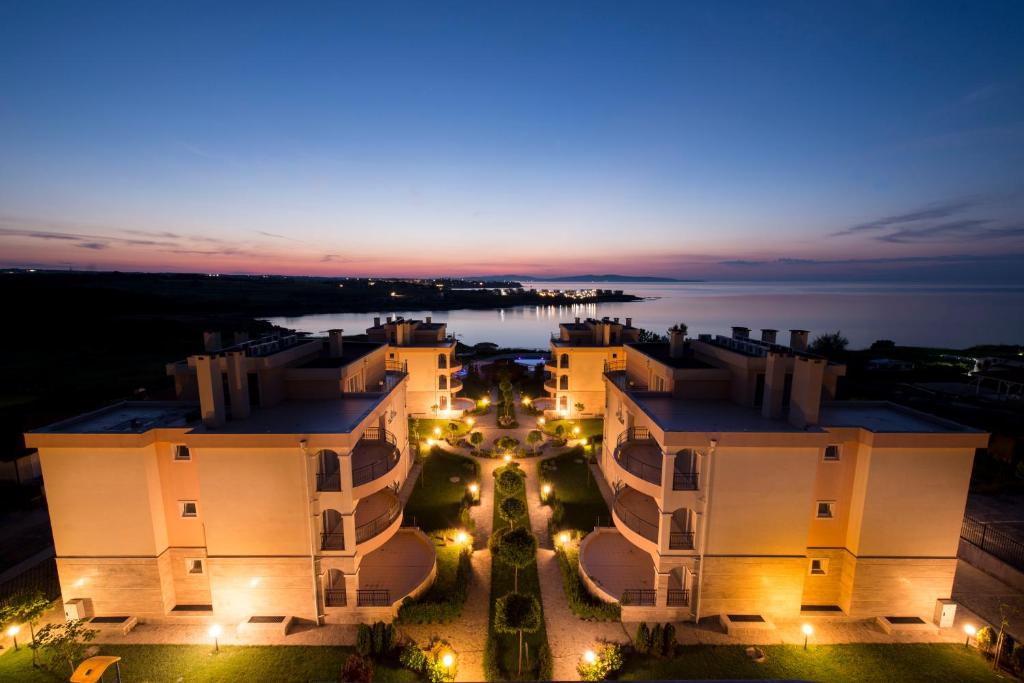 an aerial view of a building at night at Arapya Sun Resort in Arapya