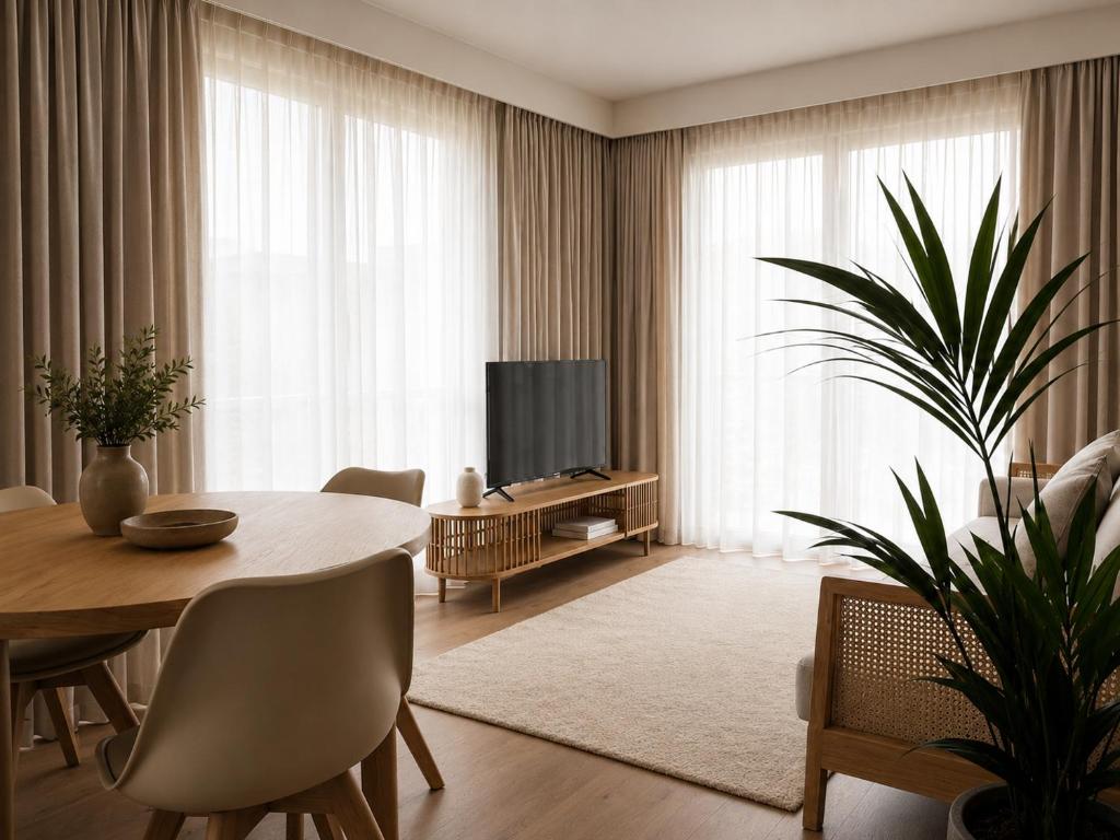 a living room with a dining table and a television at Terra Clara Studios & Apartments in Esposende