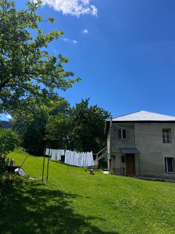 a yard with a clothes line in front of a house at Otisha Guesthouse in Tsaldashi