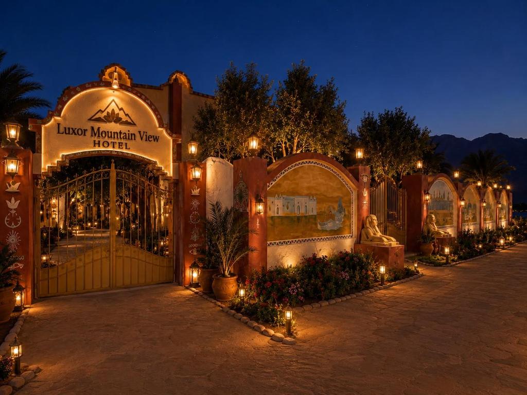 a gate to a shopping mall at night with lights at Luxor Mountain View in Luxor