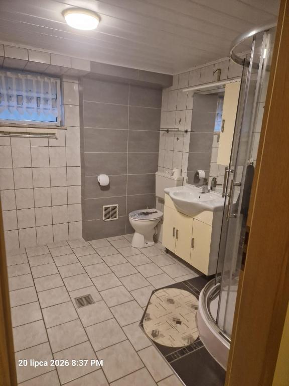 a bathroom with a toilet and a sink at Justyna-Sebastian FE-WO in Paderborn