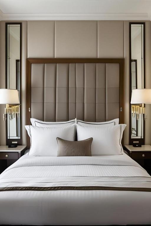a bedroom with a large bed with two lamps and mirrors at The- Luxury Enclave Plaza Near IGI Airport Delhi in New Delhi
