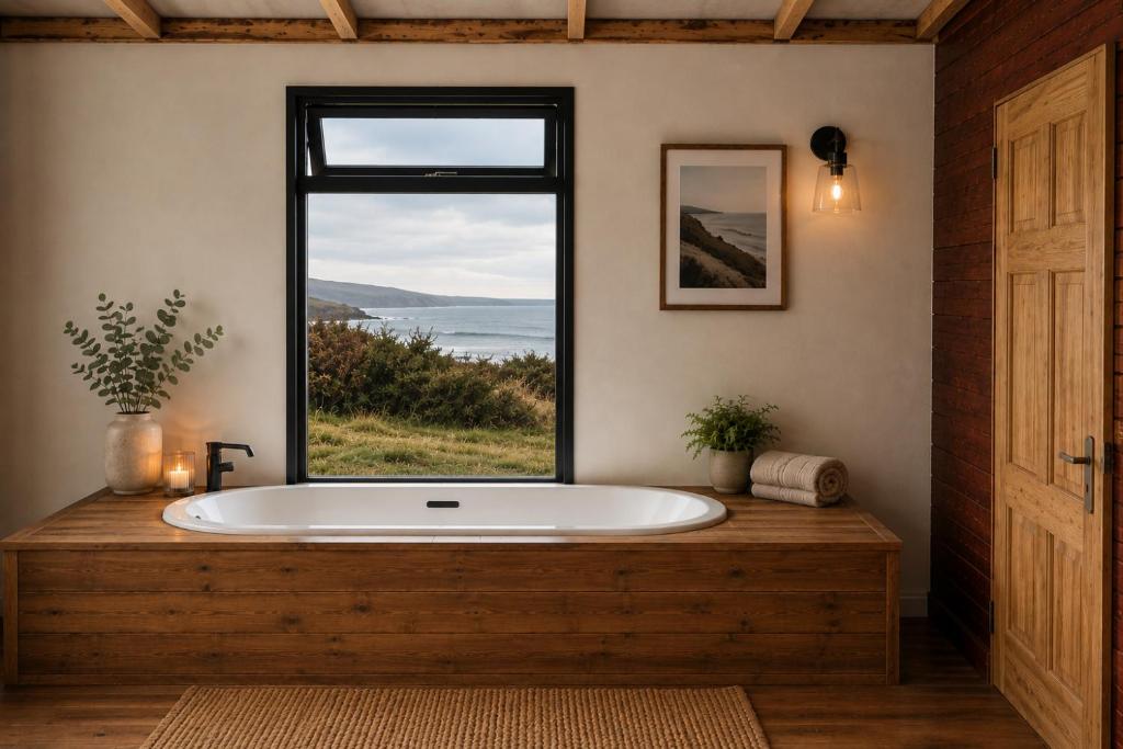 a large bath tub in a room with a window at Oceanview Cosy Cabin in Drumaville