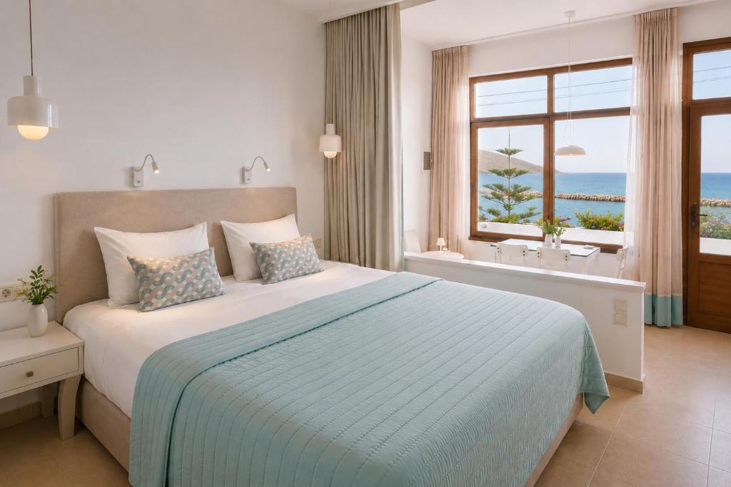 a bedroom with a bed and a view of the ocean at Simon Sea View in Sitia