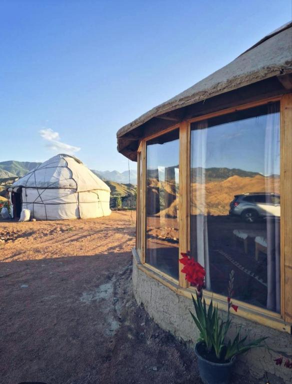 a yurt with a window and a potted plant at Asman Tör Yurt Camp in Tong