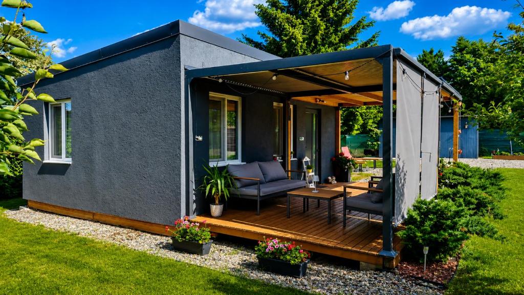 a tiny house with a porch and a deck at Tiny House Valea Avrigului in Avrig