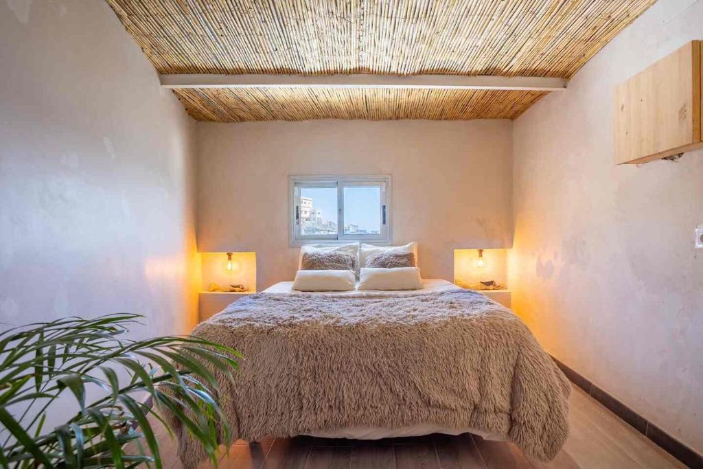 a bedroom with a bed with two lamps and a plant at El Tablado Ocean View House in Güimar