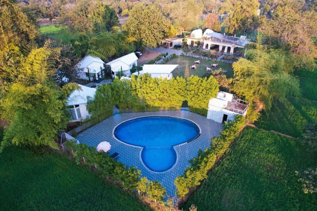 an overhead view of a large swimming pool on a estate at Olive in Tāla