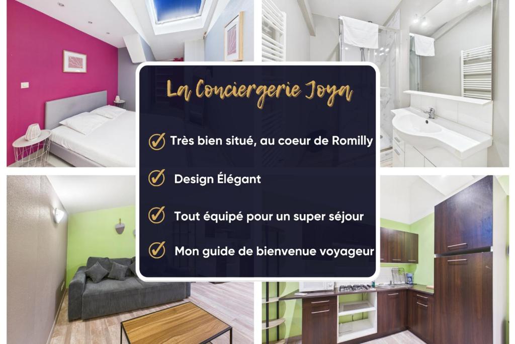 a collage of three pictures of a room at Le Cocoon Fuchsia in Romilly-sur-Seine