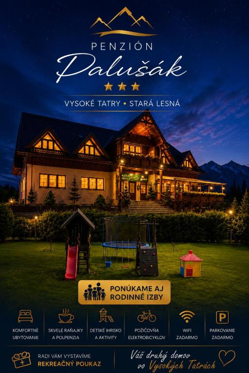 a house with a playground in front of it at Penzion Palusak in Stará Lesná