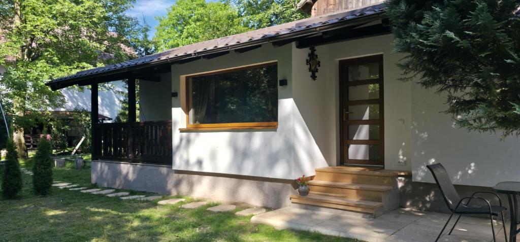 a small house with a window and a ladder at Cabana Valea Brândușelor in Bran
