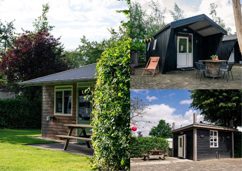 two pictures of a tiny house and a garden at Chalet - Camping 't Dekske in Wintelre