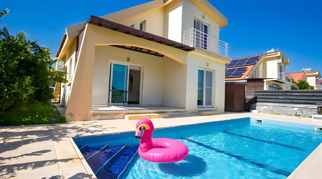 a swimming pool with a pink flamingo in front of a house at Villa Peri Luxury Pool Villa in Karşıyaka in Nicosia