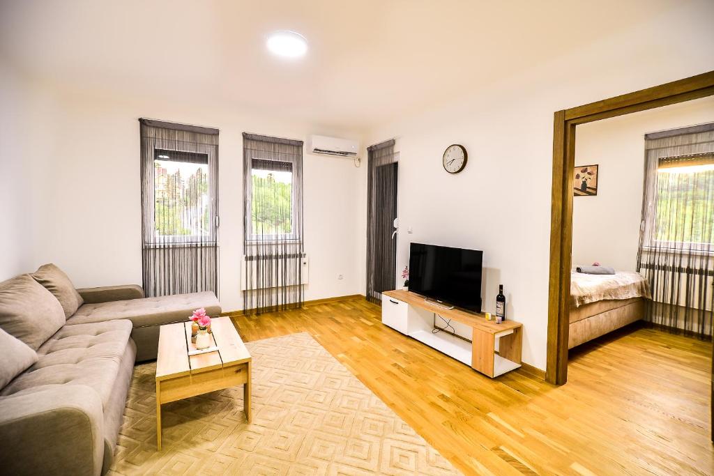 a living room with a couch and a television at New Modern Apartments with Private Parking in Leštane