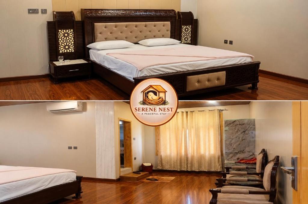 two pictures of a bedroom with a bed at Serene Nest Hotel in Gilgit