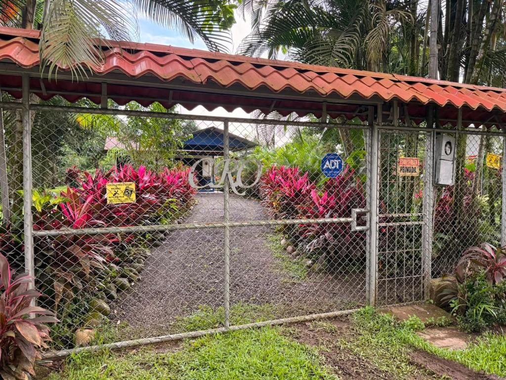 a gate in a garden with pink flowers at Casa Colibrí Nature, Pool and Tranquility in Sarapiquí