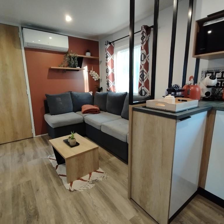 a living room with a couch and a table at Terracotta Lodge - Un cocon chaleureux pour des vacances inoubliables in Nibelle