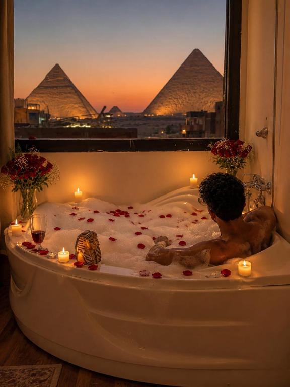 a man in a bath tub with candles and the pyramids at Luxury Giza pyramids view & jacuzzi in Cairo