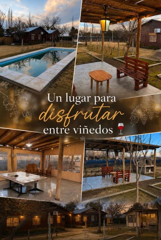 a collage of photos of a park with a picnic table and a pool at Entre Viñedos in Ciudad Lujan de Cuyo