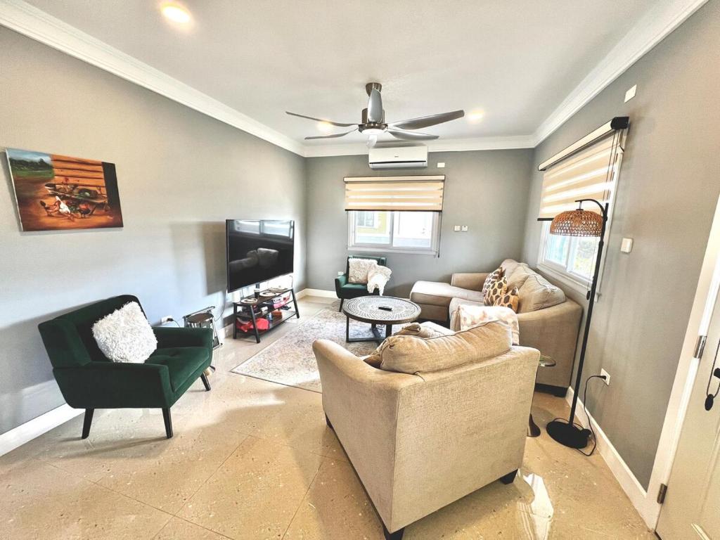a living room with a couch and a tv at Gold Sun Villa in Saint Annʼs Bay