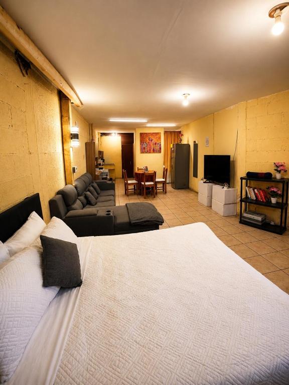 a large room with a bed and a living room at Arianas Place 2 in Huehuetenango