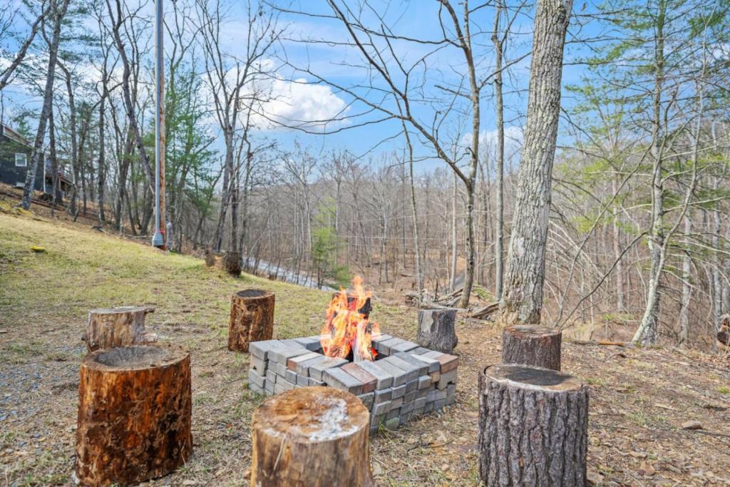 a fire pit in the middle of a forest at All Decked Up - wifi, view, river access, fire pit, 3 bedrooms, games, family friendly in Great Cacapon