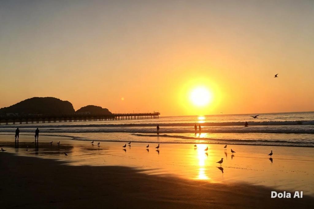 a group of birds on the beach at sunset at Departamentos Cerro Azul P1 in Cerro Azul