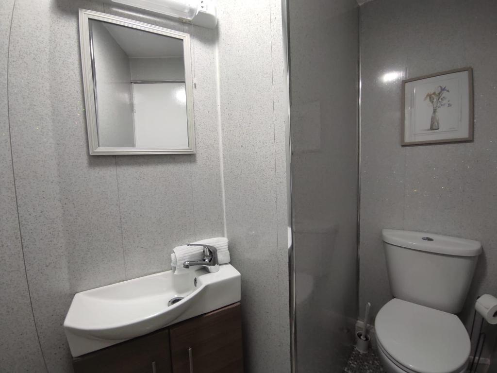 a bathroom with a sink and a toilet and a mirror at Central Stay Blackpool in Blackpool