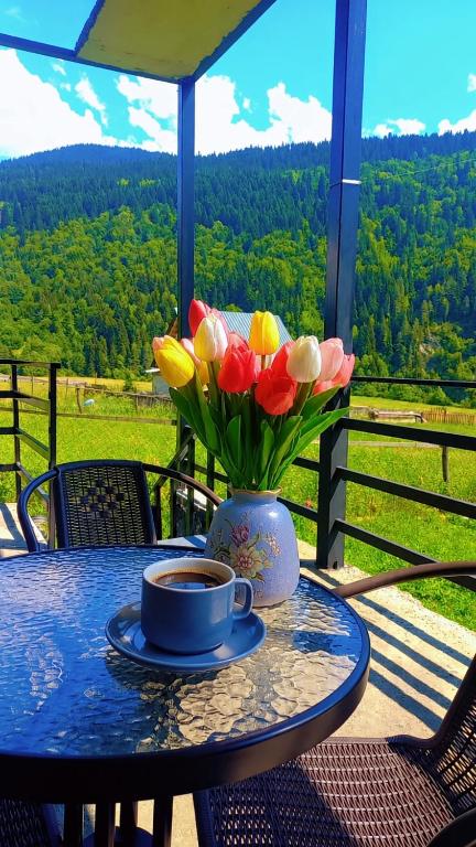 a table with a vase of flowers and a cup of coffee at Qristi's Guest House in Kashveti