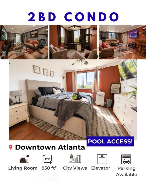 a collage of two pictures of a bedroom at Lovely 2BR Condo WFH Heart of Downtown Pool Access in Atlanta