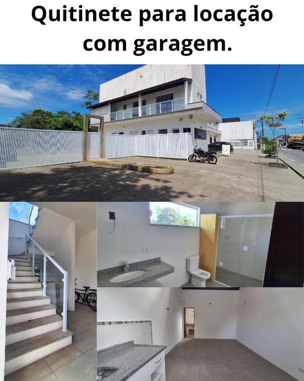 a collage of photos of a white house with a sink at Apartamento Beira do Valo in Iguape