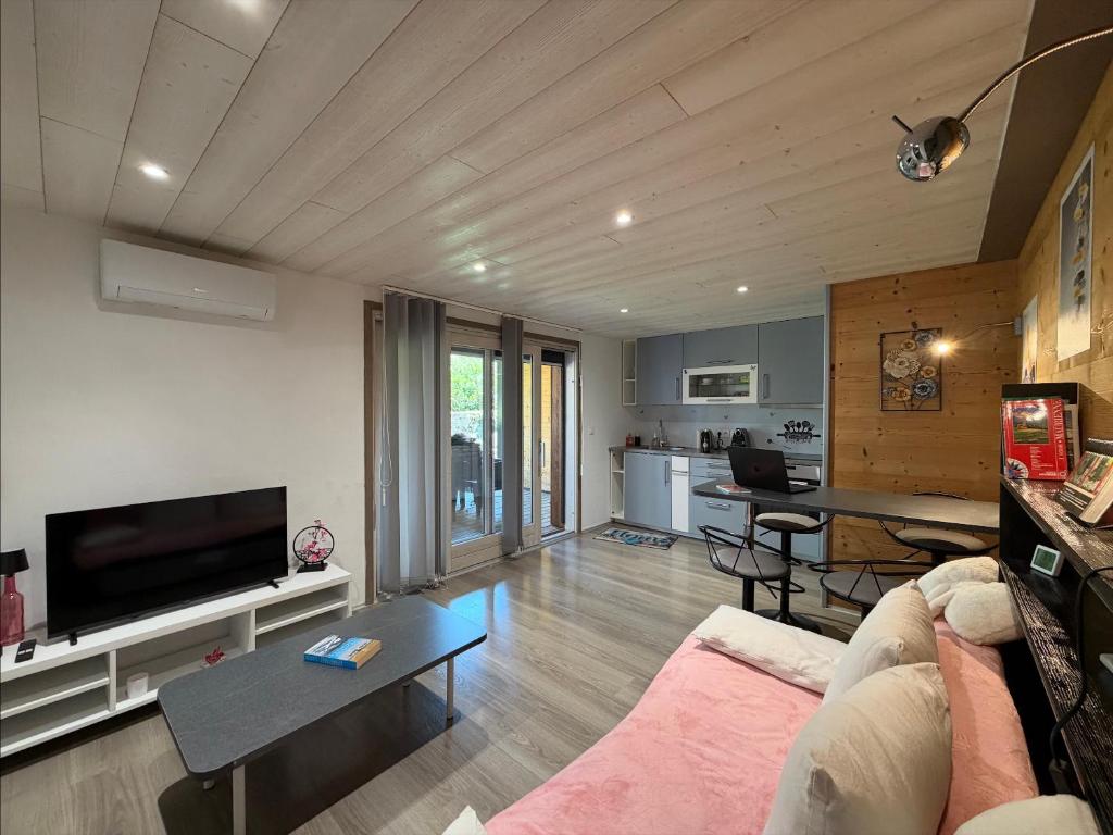 a living room with a couch and a table and a kitchen at Source Olympique Alpes in Gilly-sur-Isère