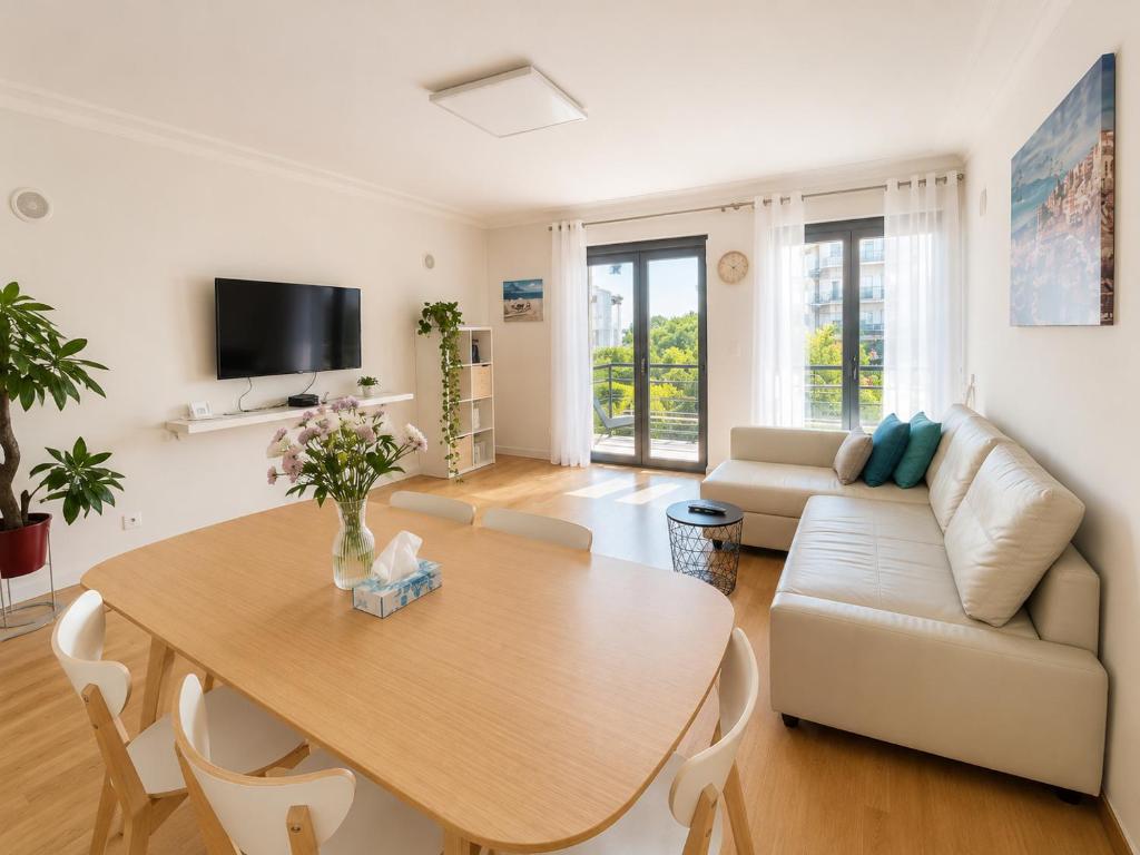 a living room with a table and a couch at Bom dia Parque Nações LisboaZ in Lisbon