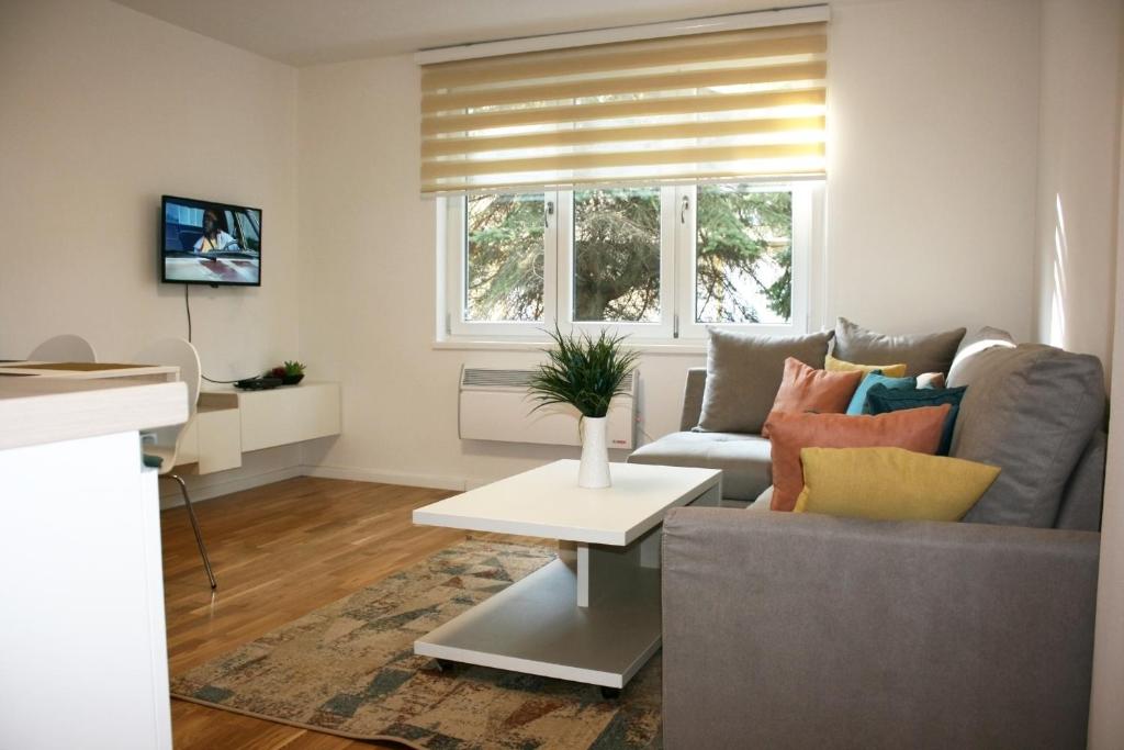 ein Wohnzimmer mit einem Sofa und einem Tisch in der Unterkunft Apartment Lejla in Sarajevo