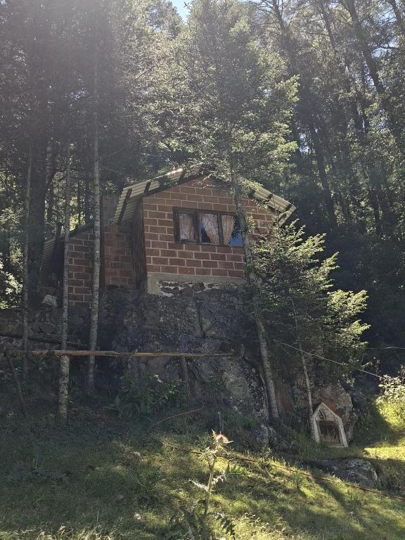 a small brick house in the middle of a forest at Rancho buena vista in Mineral del Chico