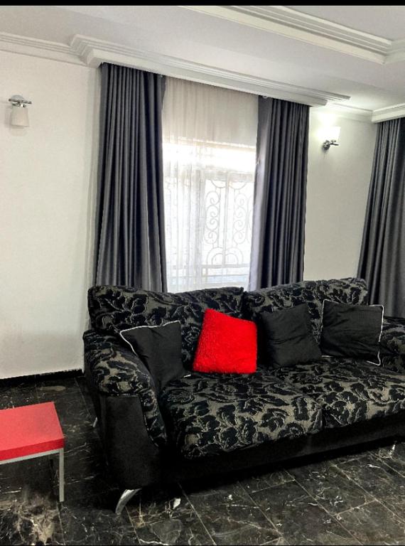 a black couch with two red pillows in a living room at Tunjor Homes in Barikin Jirga Summa