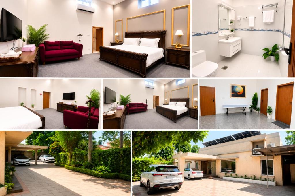 a collage of four pictures of a hotel room at Royal Palm Villa in Rawalpindi