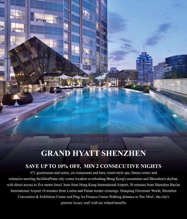 a poster for a hotel in a city with a swimming pool at Grand Hyatt Shenzhen in Shenzhen