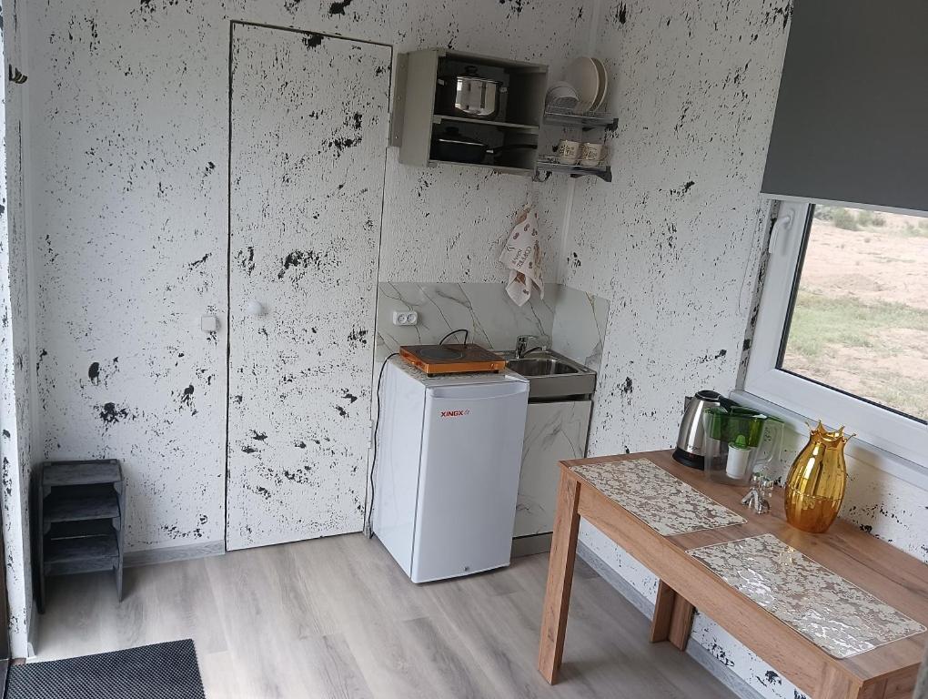a small kitchen with a refrigerator and a table at ИНХаус Долинка in Cholpon-Ata