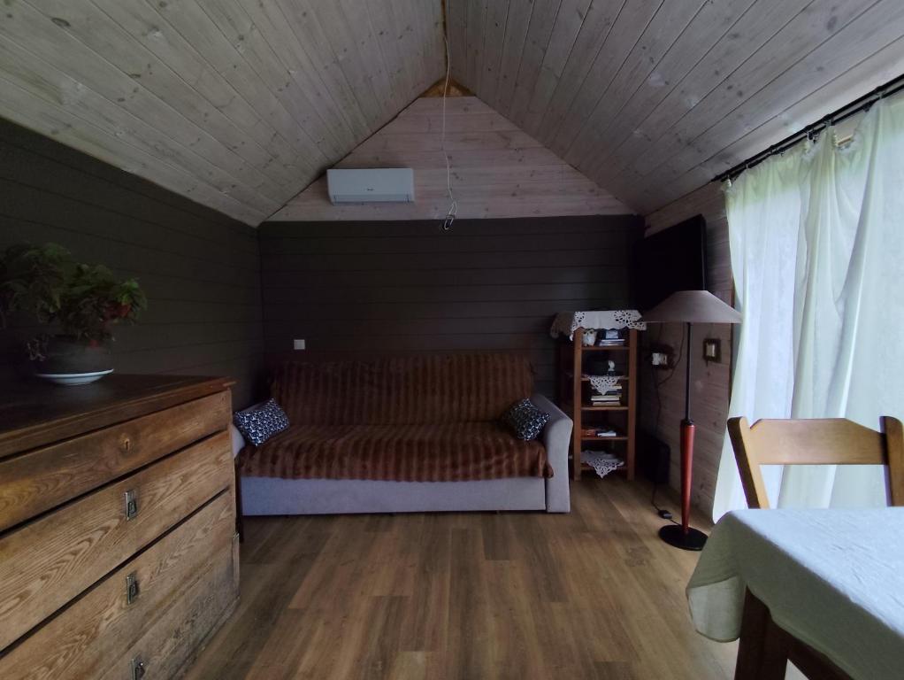 a living room with a couch in a room at Owls' house B&B in Skriaudžiai