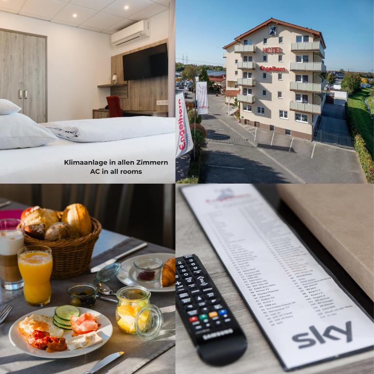 a table with a remote control and a plate of food at Hotel Engelhorn in Leimen