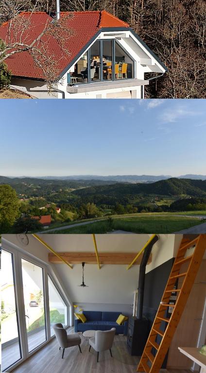 two views of a house with a living room and a staircase at Slovenia Valley Views in Lipa pri Frankolovem