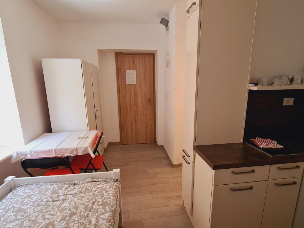 a small room with a bed and a kitchen at Apartments Pr' Štormanu in Kanal