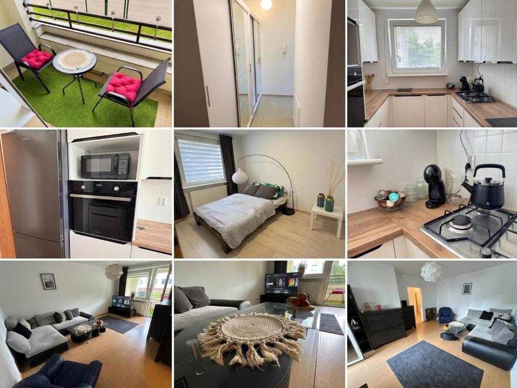 a collage of pictures of a living room and kitchen at Apartament Górnicza in Gdynia