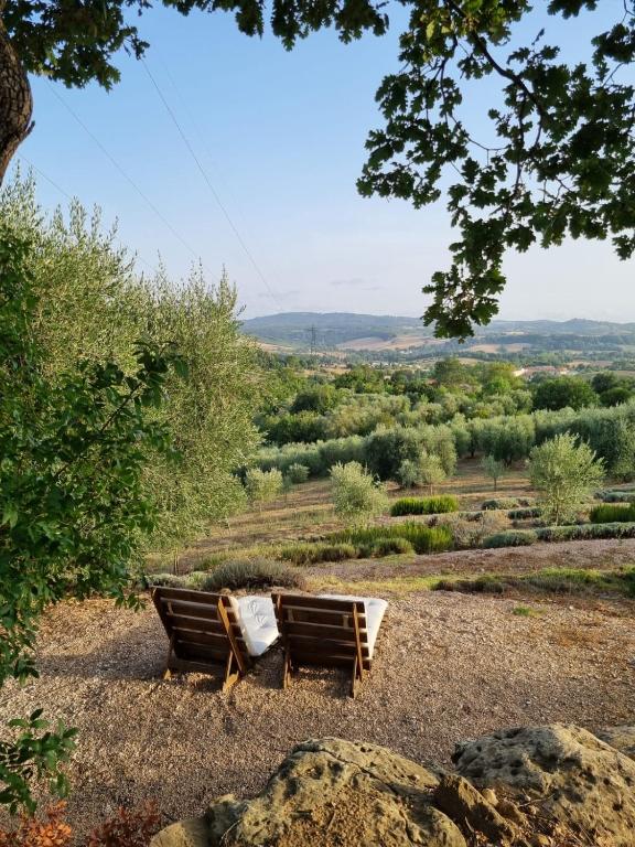 two benches sitting on a hill with a view at Casale Terre Rosse in Saturnia