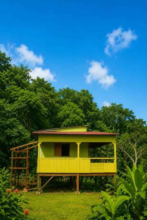 a yellow house sitting on top of a field at Casinha da Roça Java in Santa Adelaide